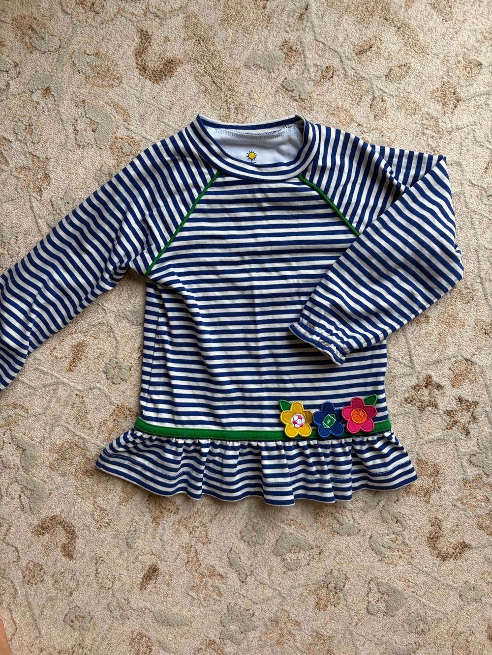 Florence Eiseman Striped Sports Flower Appliqué Long Sleeve Peplum Tunic Top